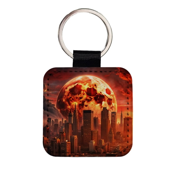 Sci-fi Apocalypse Cityscape Under A Red Full Moon Faux Leather Square Keychain
