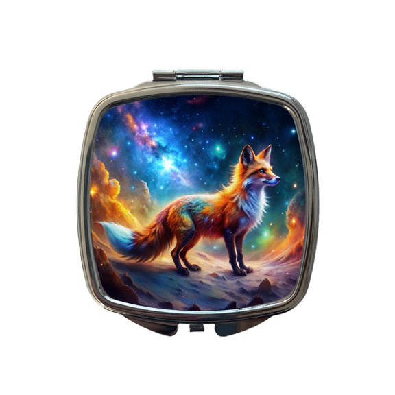 Sci-fi Fantasy Fox In Space Nebula Background Travel Makeup Handbag Purse Small Pocket Compact Mirror