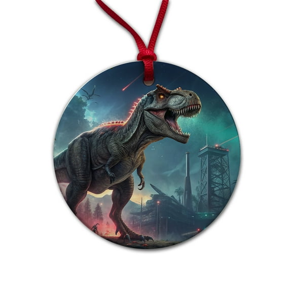 Sci-fi Futuristic T-Rex Dinosaur Christmas Tree Holiday Round Ceramic Ornament