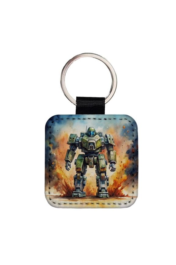 Sci-fi Giant Robot Warrior Mech Watercolor Faux Leather Square Keychain