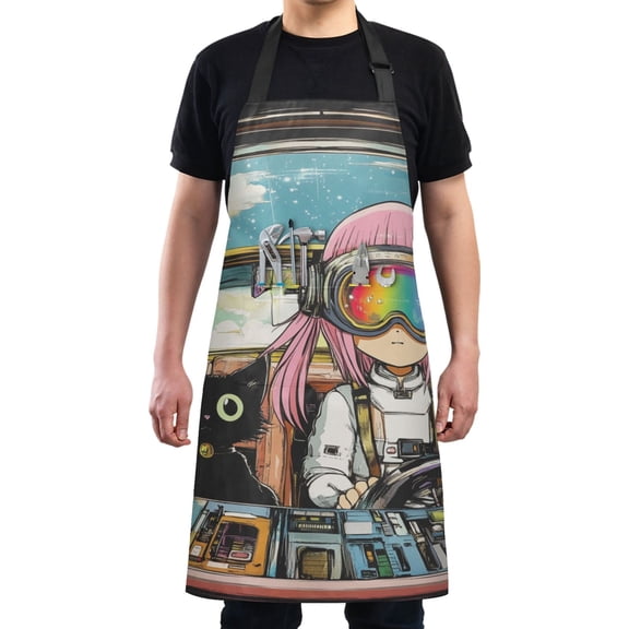 Sci-fi Girl and Cat Chef Kitchen Apron with Pockets for Women Waterproof Aprons for Cooking Baking