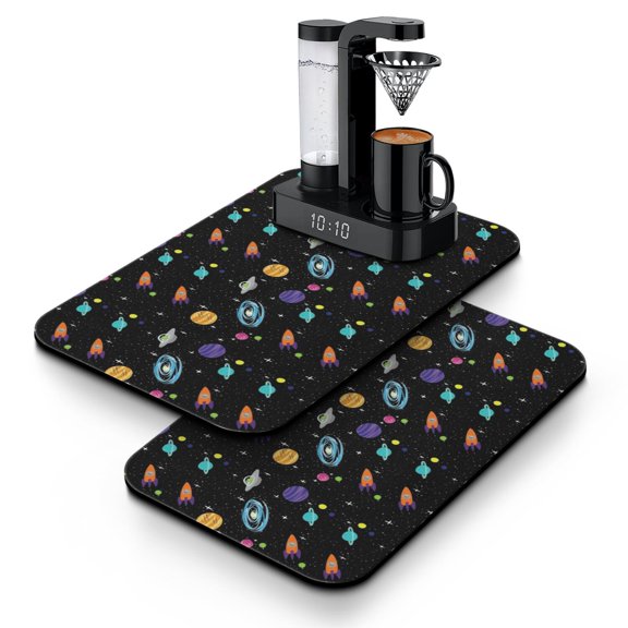 Sci-fi Lovers Dish Drying Mat, Space Geek Rocket Starry Night Sky Absorbent Kitchen Mat