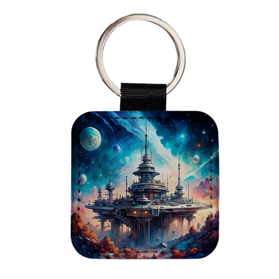 Sci-fi Military Space Station Faux Leather Square Keychain