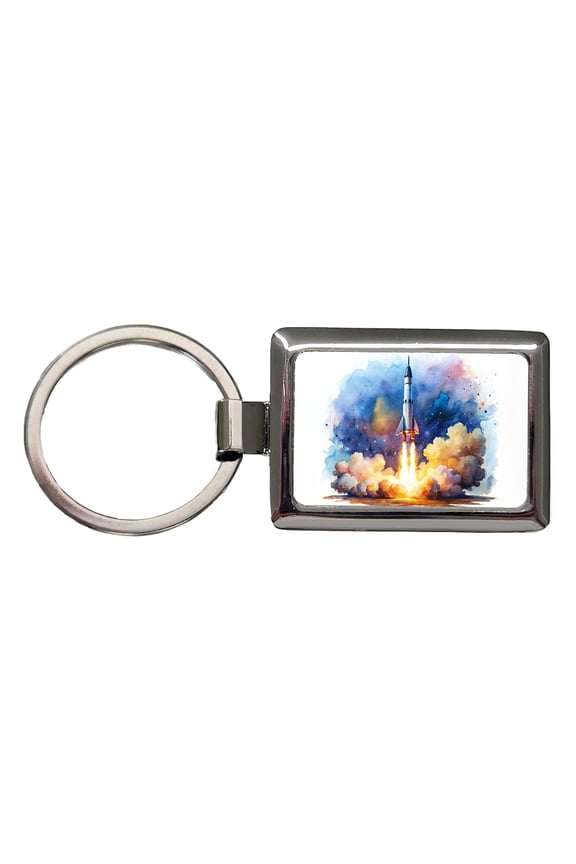 Sci-fi Missile Rocket Launch Watercolor Metal Rectangle Keychain