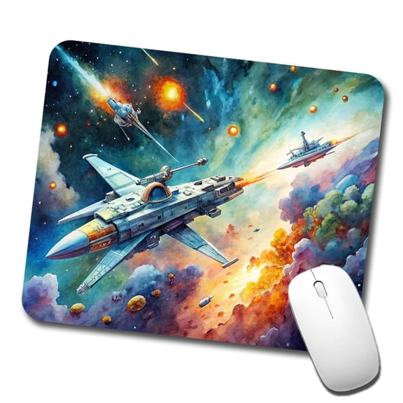 Sci-fi Spaceships Fighting In Space Watercolor Mouse Pad Low Profile Gaming Mat