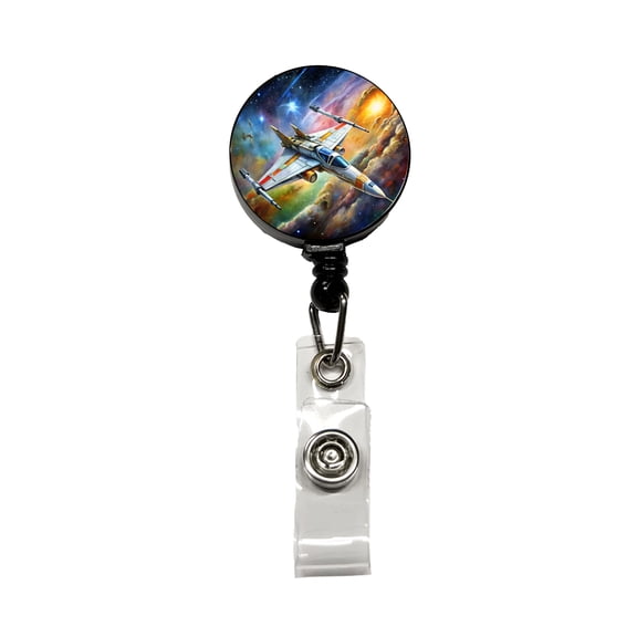 Sci-fi Starfighter Spaceship on Patrol Retractable Reel ID Badge Key Card Name Tag Holder with Clip