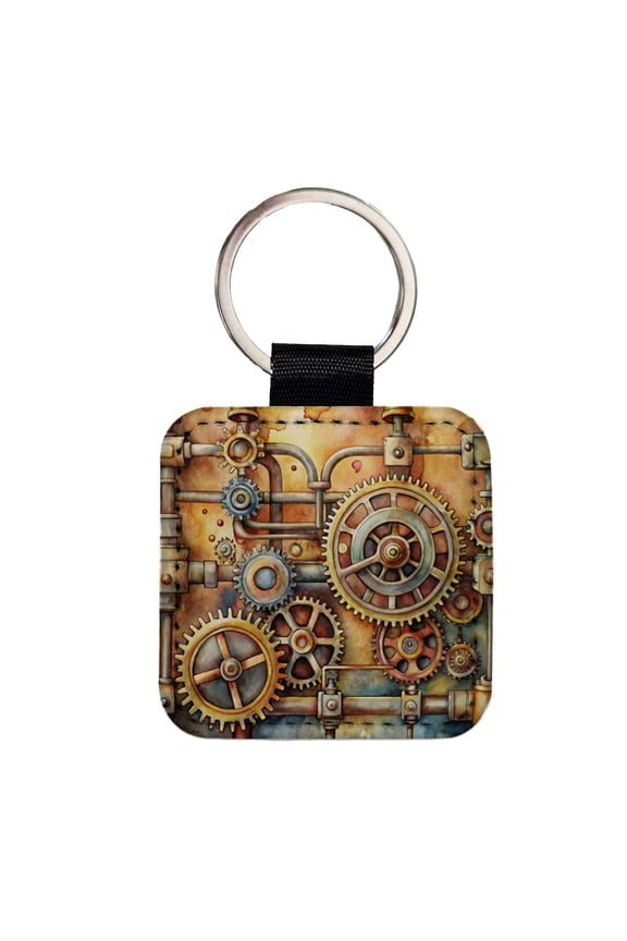 Sci-fi Steampunk Gears And Pipes Watercolor Faux Leather Square Keychain