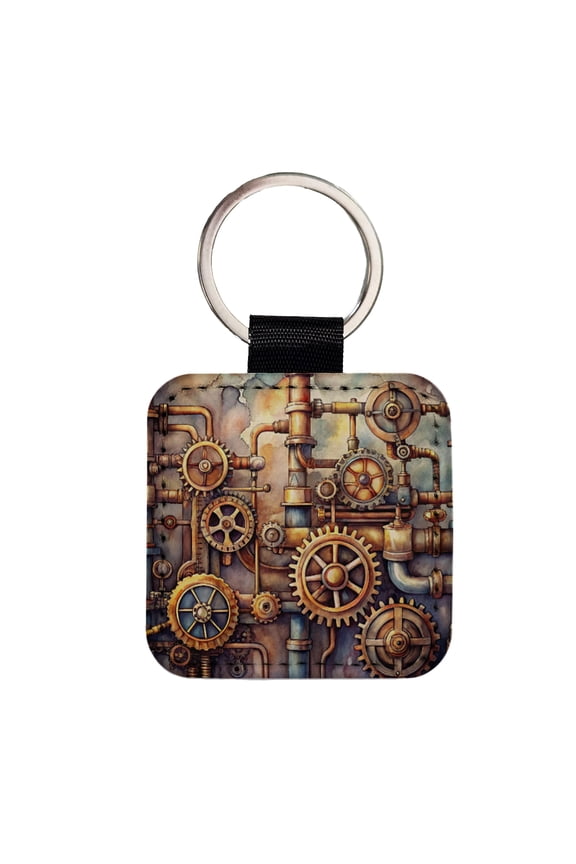 Sci-fi Steampunk Gears Pipes Watercolor Faux Leather Square Keychain