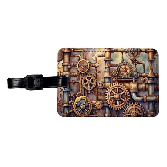 Sci-fi Steampunk Gears Pipes Watercolor Faux Leather Travel Luggage Tag