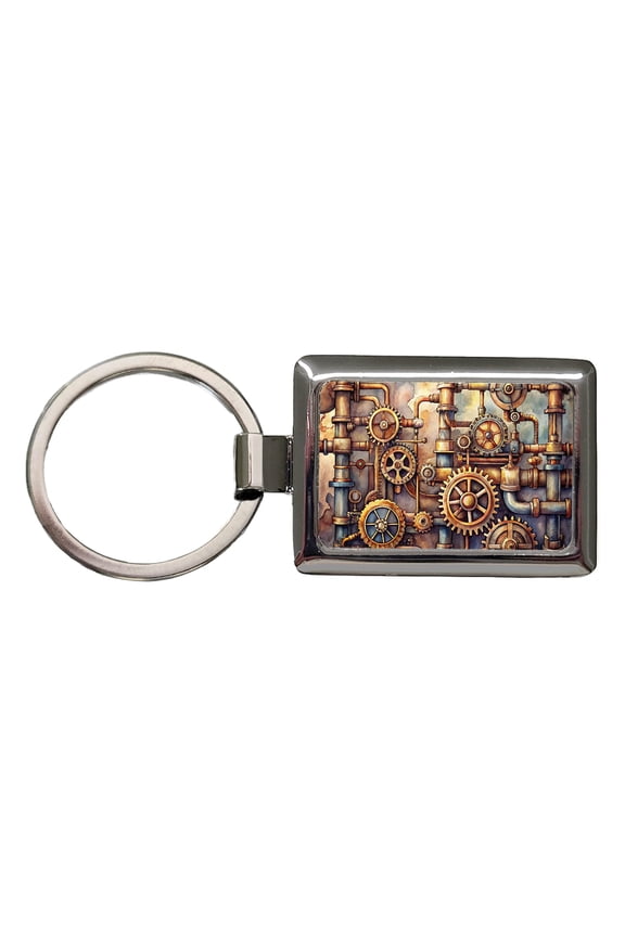 Sci-fi Steampunk Gears Pipes Watercolor Metal Rectangle Keychain