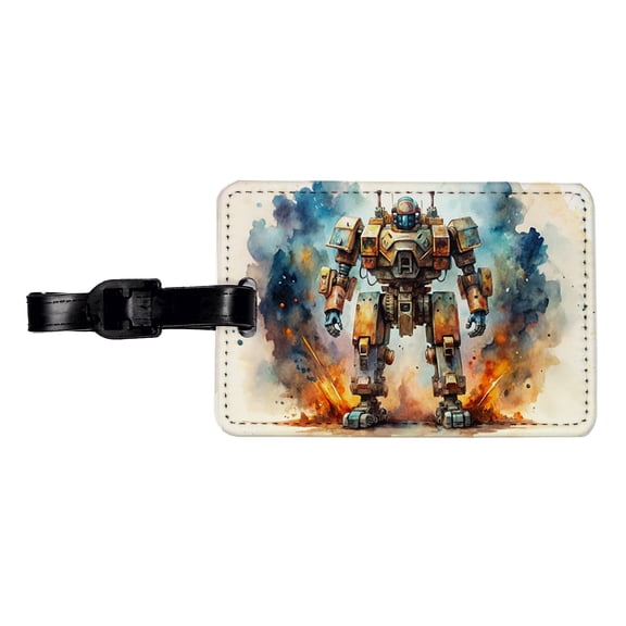 Sci-fi Steampunk Giant Robot Warrior Mech Watercolor Faux Leather Travel Luggage Tag