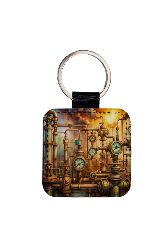Sci-fi Steampunk Pipes Gauges Steam Fire Watercolor Faux Leather Square Keychain