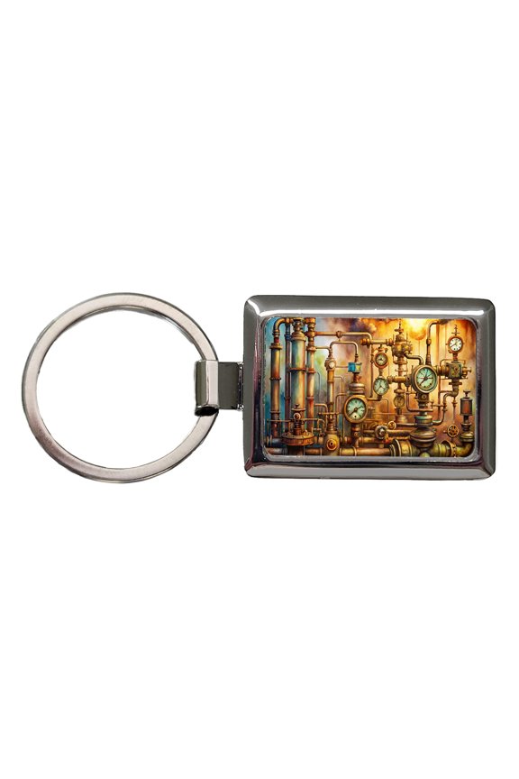 Sci-fi Steampunk Pipes Gauges Steam Fire Watercolor Metal Rectangle Keychain