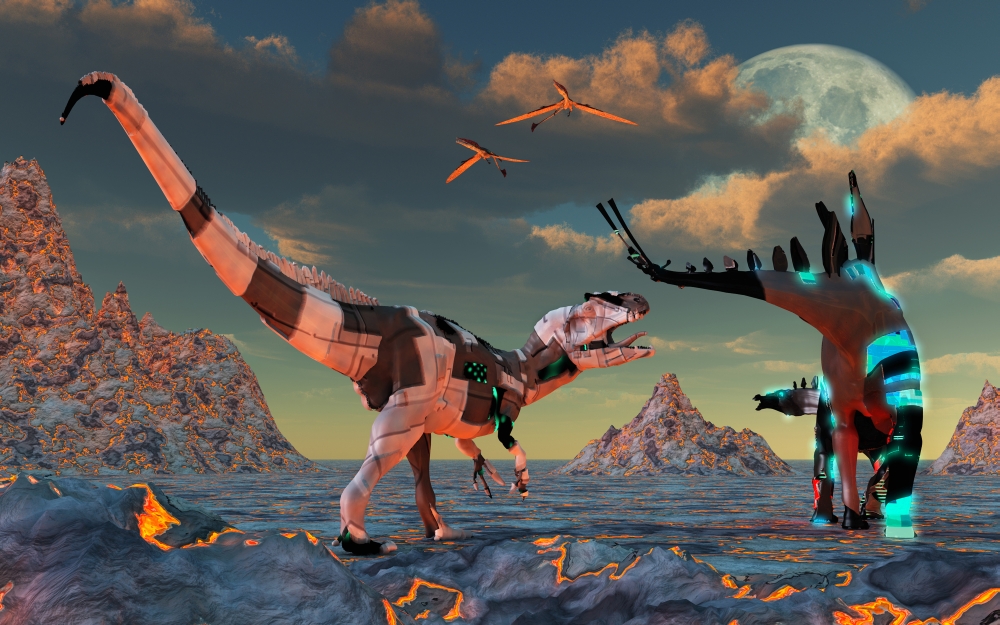 Sci-fi scene of Allosaurus and Stegosaurus dinobots about to battle Canvas Art - Mark StevensonStocktrek Images (18 x 12)