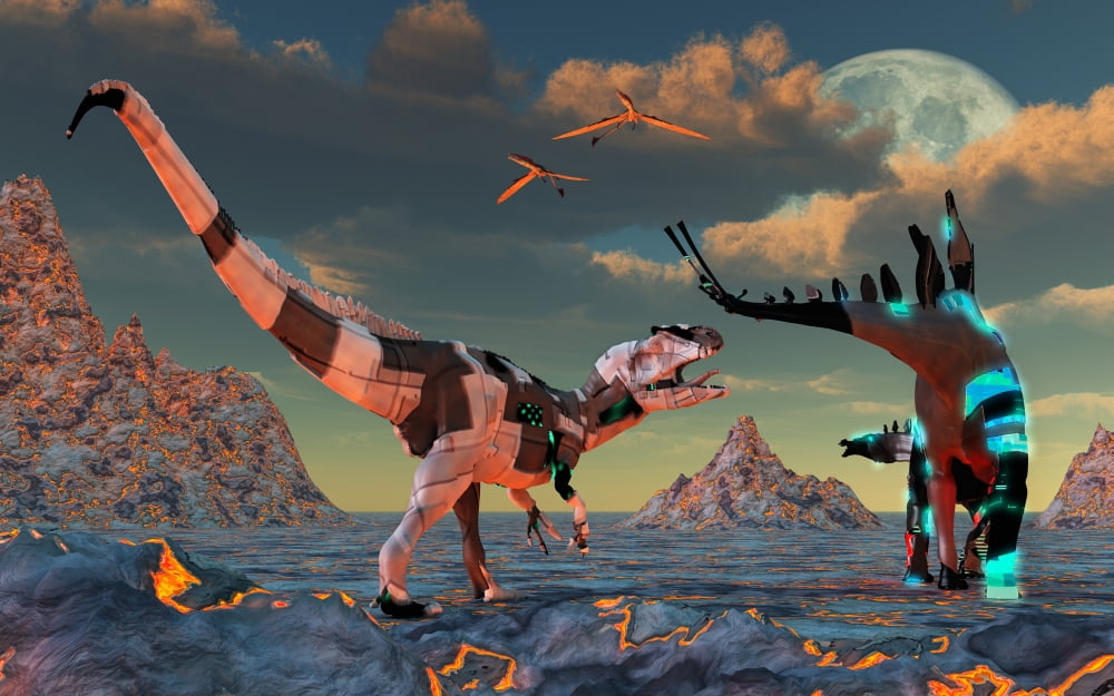 Sci-fi scene of Allosaurus and Stegosaurus dinobots about to battle Canvas Art - Mark StevensonStocktrek Images (36 x 23)