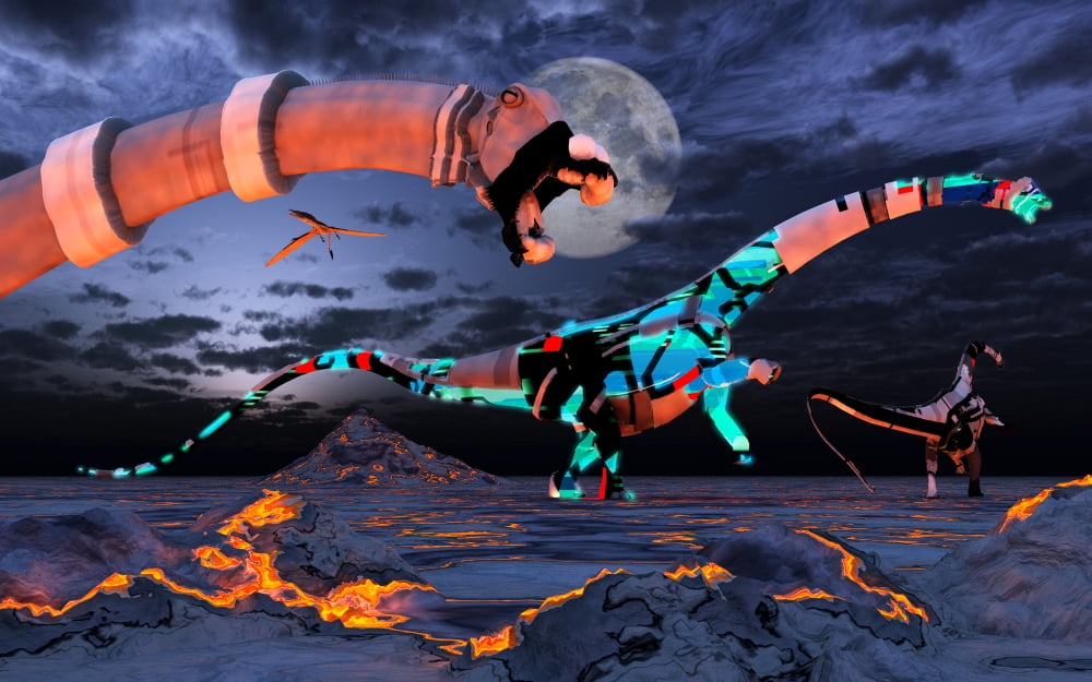 Sci-fi scene of a group of robotic sauropod dinosaurs Canvas Art - Mark StevensonStocktrek Images (18 x 12)