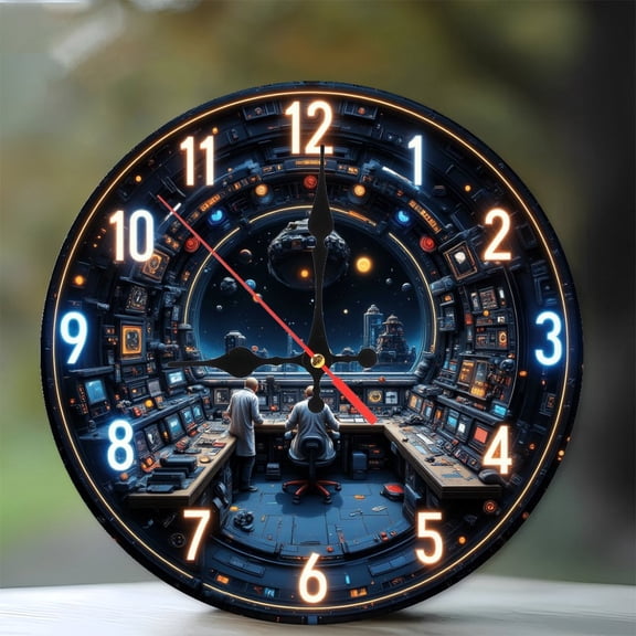 SciFi Clock Futuristic Space Station Control Room Art Print 10-Inch Silent Wooden Wall Clock, Battery Operated (AA Batteries Not Included), Artistic Home Decor