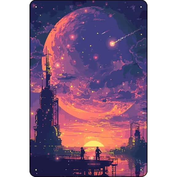 SciFi Planet Pixel Art Metal Tin Sign 8x12 Inch Wall Art for Cafe Bar Beer Room Home Decor