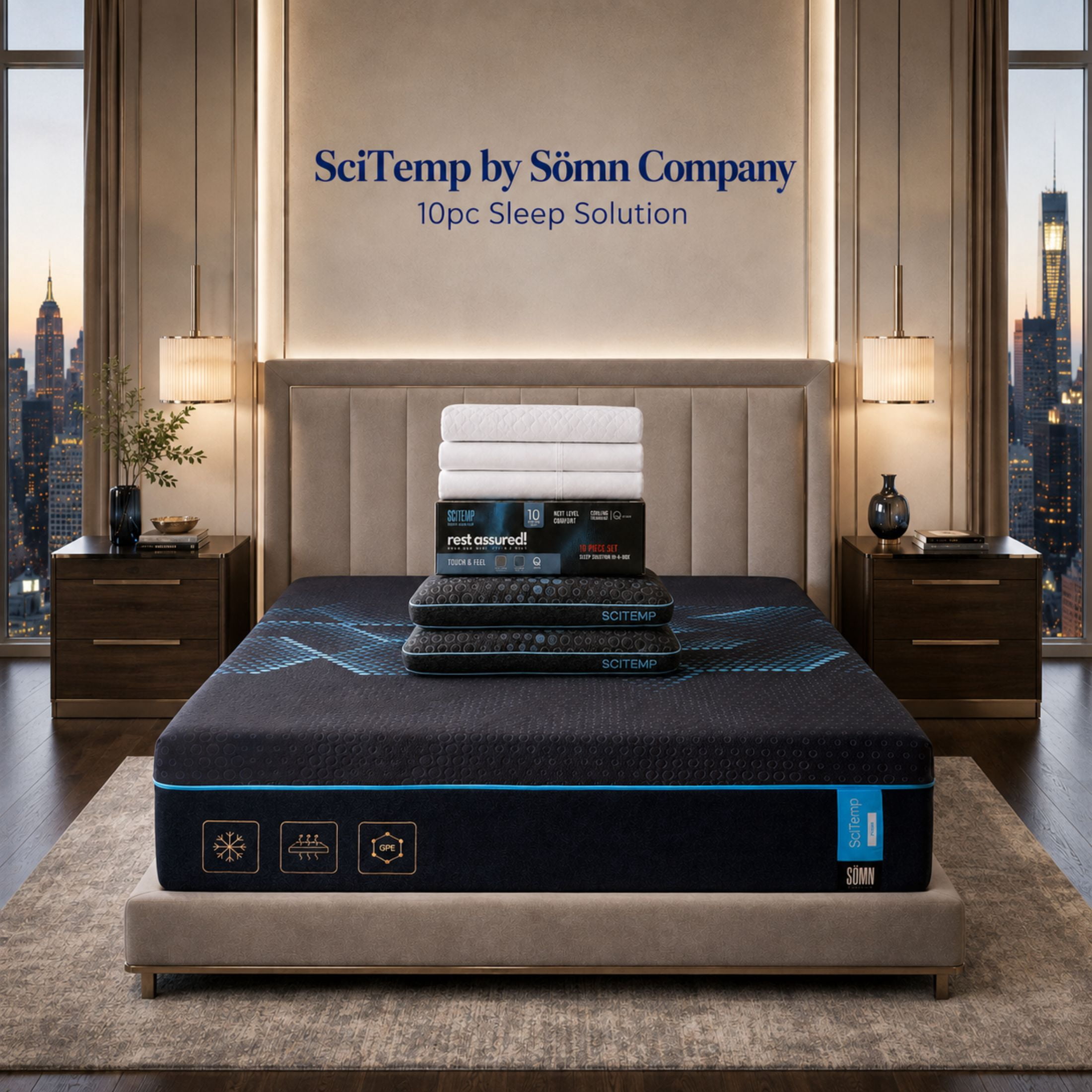 SciTemp by Somn Company 10-Piece Sleep Solution 14" Graphene + IceTech Cooling Memory Foam Mattress, King.