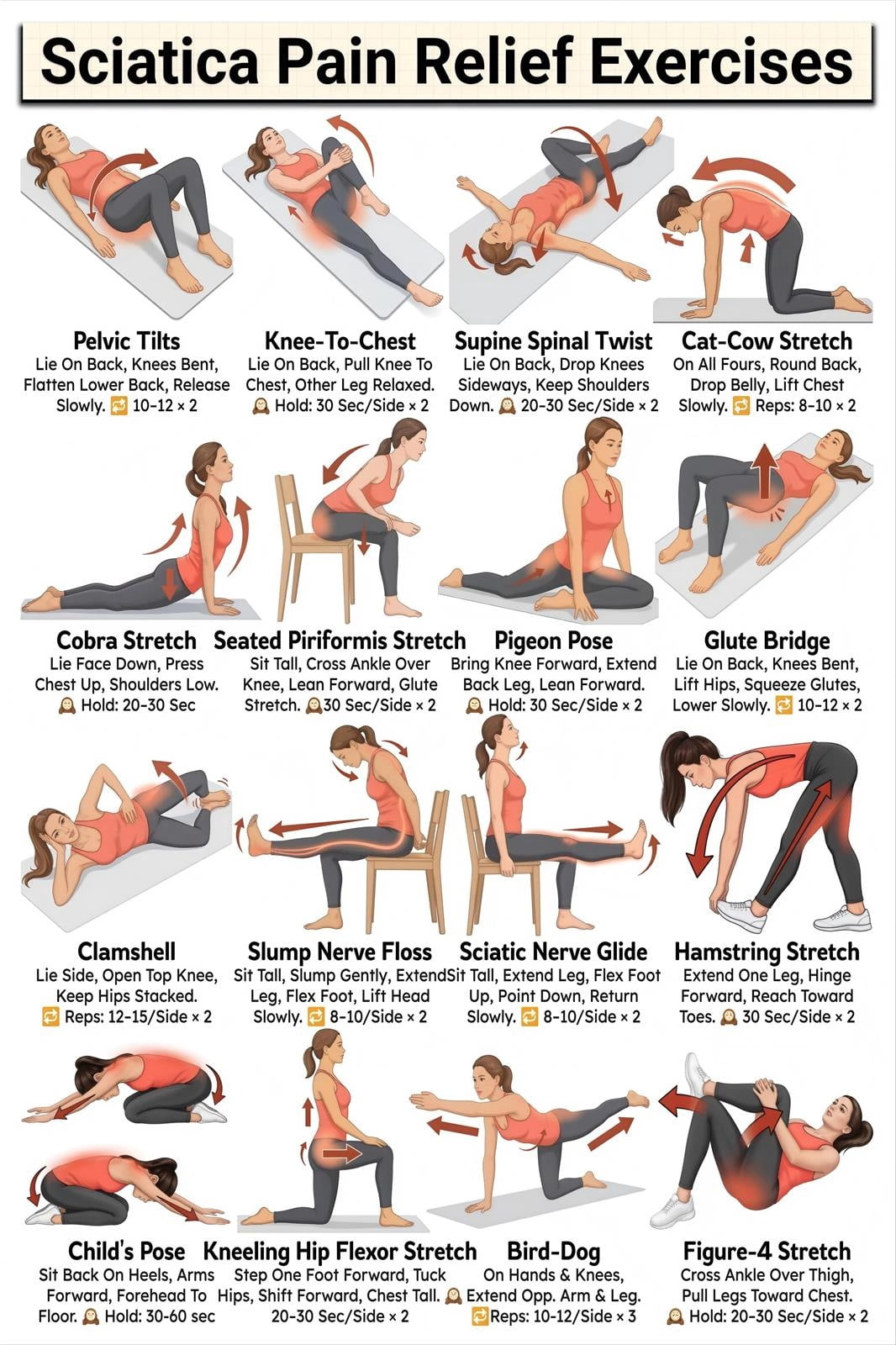 Young Stretch Routine Sciatica Exercise Chart Unframed poster12x18inch Back Stretch Guide ...