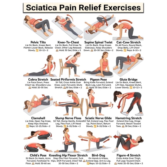 Sciatica Pain Relief Exercises Poster Lower Back Stretch Routine Wall ...
