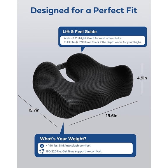 Sciatica & Tailbone Pain Relief Seat Cushion - Extra Thick Memory Foam Office Chair Cushion with Non-Slip Bottom for Car, Office, Wheelchair, and Home Use (Black)