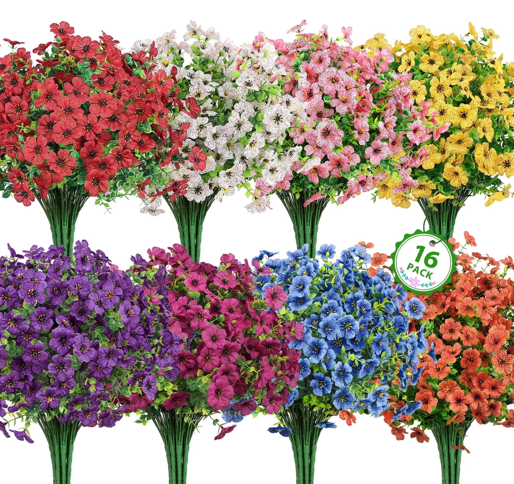 Scidweet Artificial Flowers Outdoors, 16 Bundles Faux Fake Flowers Plant for Home Porch Garden Window Box Summer Decoration, MultiColor