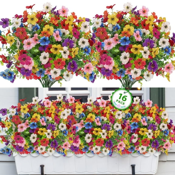 Scidweet Artificial Flowers Outdoors, 16 Bundles Faux Fake Flowers Plant for Home Porch Garden Window Box Summer Decoration, MultiColor