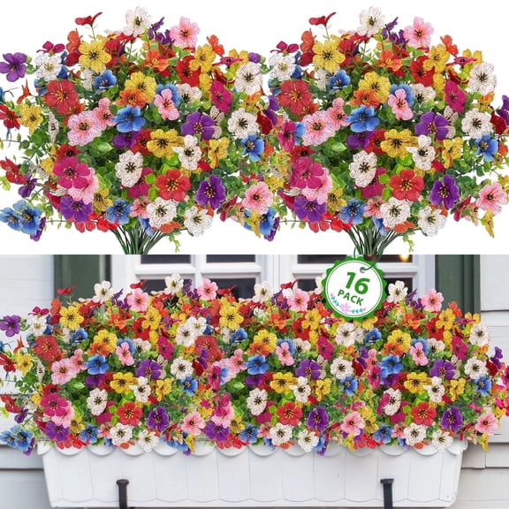 Scidweet Artificial Flowers Outdoors, 16 Bundles Faux Fake Flowers Plant for Home Porch Garden Window Box Summer Decoration, MultiColor