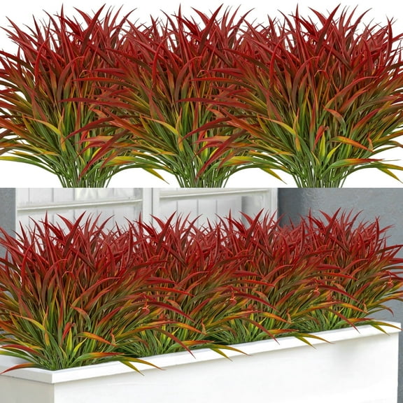 Scidweet Artificial Fall Fake Plants Outdoor, 16 Bundles Autumn Faux Grass Plastic Plants Fall Decorations for Home Garden Window Cemetery Decor, Red