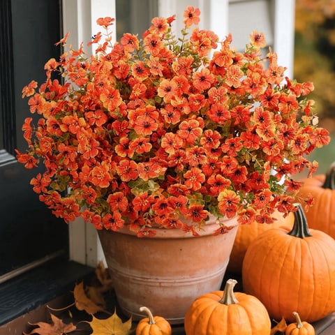 Scidweet Fall Artificial Flowers for Outdoors, 16 Bundles Autumn Faux Fake Flowers Fall Decorations for Home Garden Patio Porch Yard, Orange