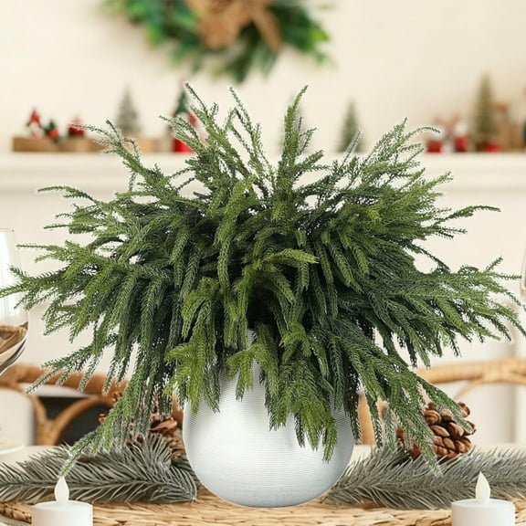 Scidweet Christmas Greenery Decorations, 16 Pcs Real Touch Artificial Norfolk Pine Branches, Faux Fake Pine Stem for Indoor Vase DIY Wreath Garland Home Xmas Decor