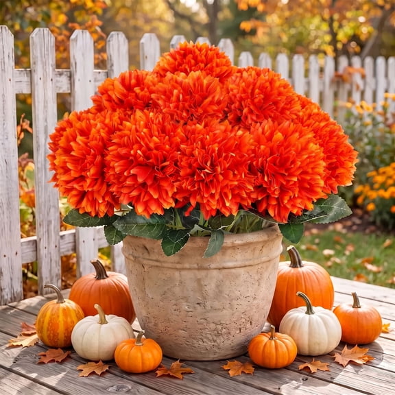 Scidweet Artificial Fall Flowers, 18 Pcs Faux Fake Chrysanthemums Silk flowers Fall Decorations for Home Indoor Outdoor Autum Table Wedding Porch Decor, Orange