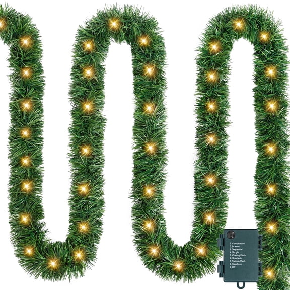 Scidweet 19.69 FT Christmas Garland with 60 Lights, Pre-Lit Xmas Artificial Garland for Indoor Outdoor Stair Railing Christmas Tree Decorations, Green