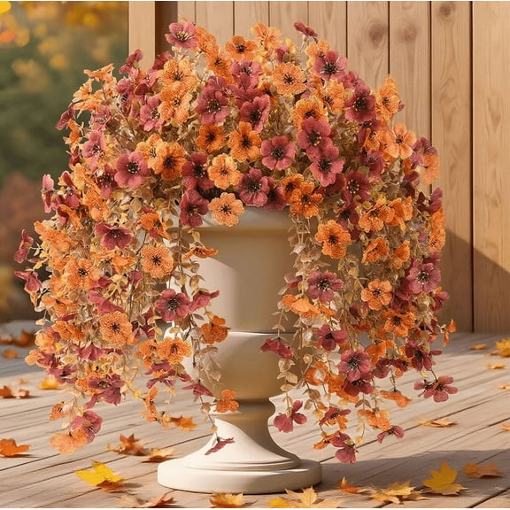 Scidweet Artificial Fall Flowers Outdoors, 2 Pcs Faux Autumn Hanging Fake Fall Flowers Faux Silk Fall Decoration for Home Garden Porch, Orange Brown