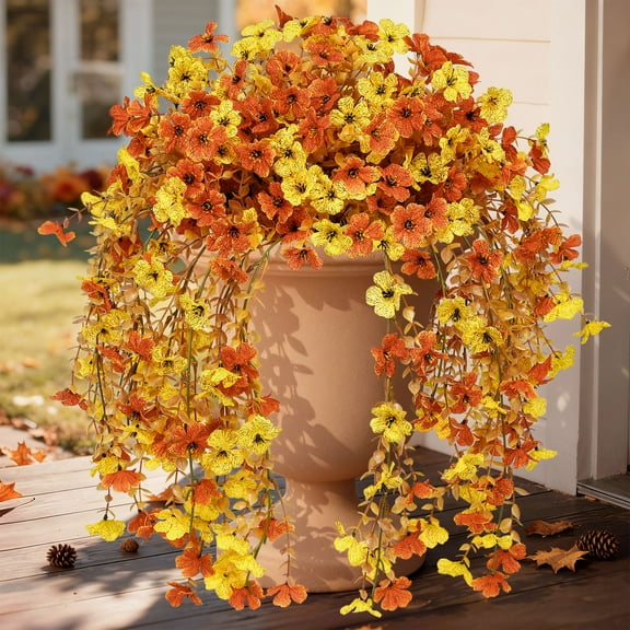 Scidweet Artificial Fall Flowers Outdoors, 2 Pcs Autumn Fake Hanging Flowers Faux Silk Fall Decorations for Home Garden Porch, Orange Yellow