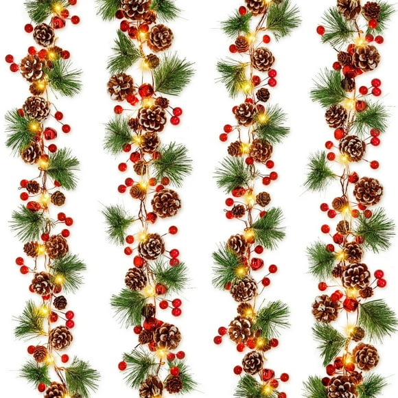 Scidweet Christmas Garland Decorations, 2 Pack 13 ft Christmas Garland with Lights & Red Berries Pine Cones Bells Ornaments for Indoor Outdoor Xmas Decor