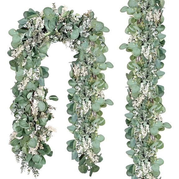 Scidweet 2 Pack Christmas Greenery Garlands, 13 ft Artificial Greenery Eucalyptus leaf Garland with White Buds for Home Wedding Party Table  Mantle Holiday Christmas Decorations
