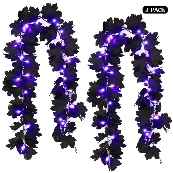 Scidweet Halloween Maple Leaf Garland with Lights, 2 Pack 5.8 ft 60 LED Artificial Fake Garland for Home Party Hanging Wall Fireplace Porch Table Halloween Decor, Purple Black