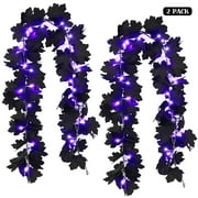 Scidweet Halloween Maple Leaf Garland, 2 Pack 5.8 ft 60 LED Purple String Lights Black Artificial Leaves Fake Vines for Bedroom Hanging Wall Fall Halloween Decor