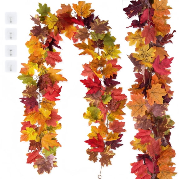 Scidweet 2 Pack Artificial Fall Garland, Fake Autumn Maple Leaves Garland Fall Decorations for Home Party Mantle Fireplace Porch Table Thanksgiving Decor