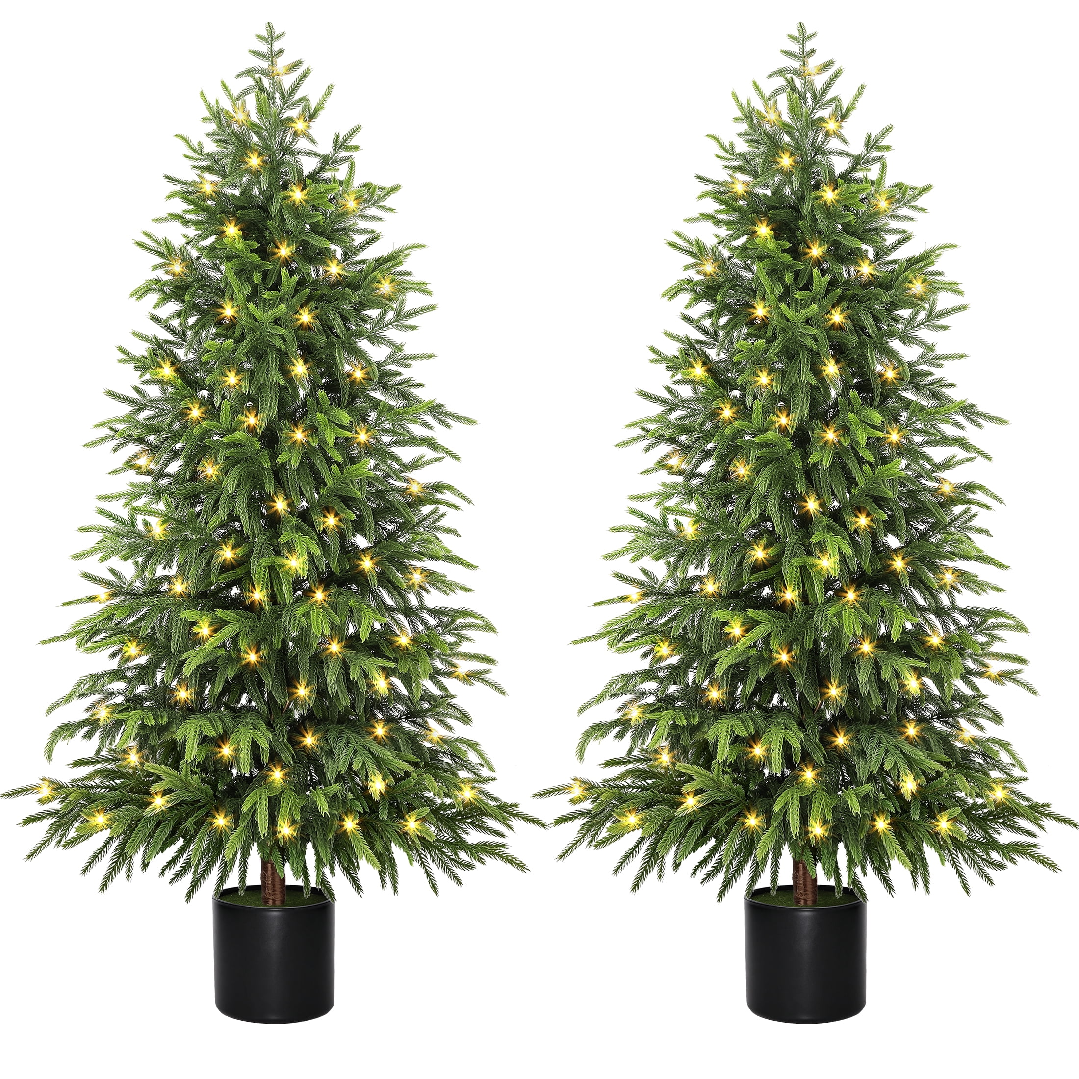 Scidweet 2 Pack Artificial Norfolk Pine Christmas Tree, 4FT Fake Potted Tree Faux Plant with 100 LED for Front Door Indoor Outdoor Porch Room Office Holiday Home Xmas Decor