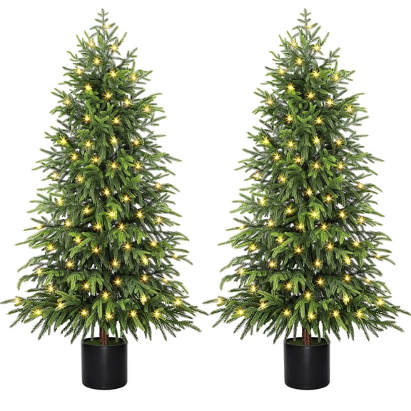 Scidweet 2 Pack Artificial Norfolk Pine Christmas Tree, 4FT Fake Potted Tree Faux Plant with 100 LED for Front Door Indoor Outdoor Porch Room Office Holiday Home Xmas Decor