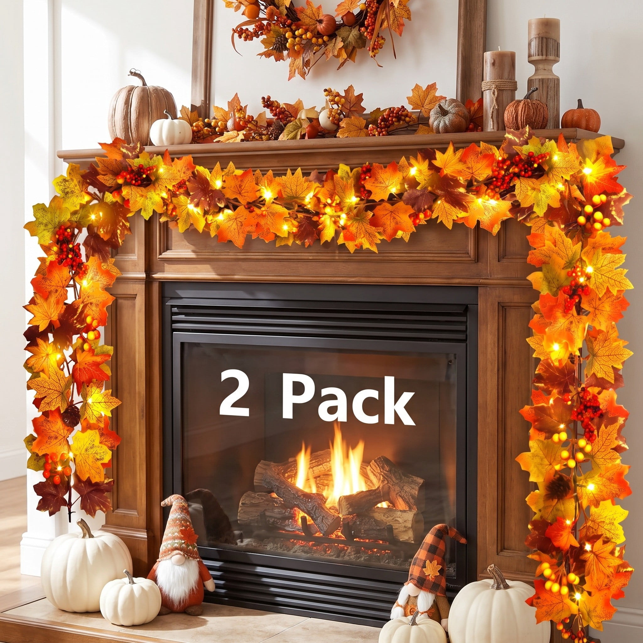 Scidweet 2 Pack Fall Garland with Lights, 12 Ft 60 LED Artificial ...