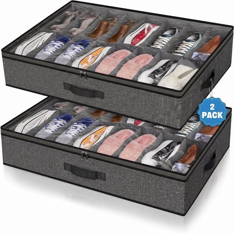 Scidweet 2 Pack Under Bed Shoe Storage Organizer for Closet, Fits Total 32 Pairs Foldable Underbed Shoes Containers