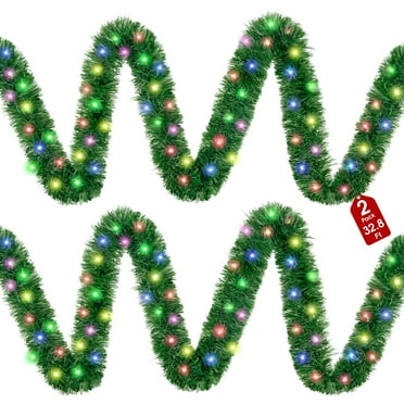 Scidweet 2 Pcs 32.8 Ft Christmas Garland with Lights, 50 Multicolor LED Pre-Lit Christmas Garland Decorations for Indoor Outdoor Christmas Tree Party Wedding Holiday Xmas Decor (Green)
