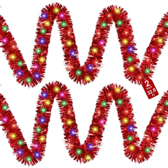 Scidweet Christmas Garlands Decorations, 2 Pcs 32.8 ft Pre Lit Xmas Garland with Lights for Indoor Outdoor Christmas Tree Party Holiday Xmas Decor, Red