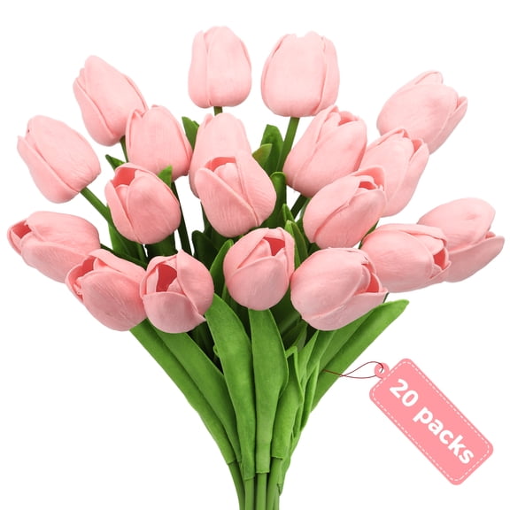 Scidweet 20 Pcs Artificial Flowers Fake Tulip, Pink Faux Tulip Flowers for Spring Indoor Table Wedding Decorations Mother's Day Easter Gifts