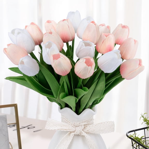 Scidweet 20 Pcs Artificial Flowers Fake Tulip, Pink White Tulip Flowers for Spring Indoor Table Wedding Decorations Mother's Day Easter Gifts