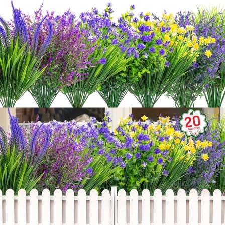 Scidweet 20 Bundles Artificial Fake Flowers Outdoor, Artificial Plastic Flower Faux Fake Plant Outside Spring Summer Decoration for Home Garden Front Porch